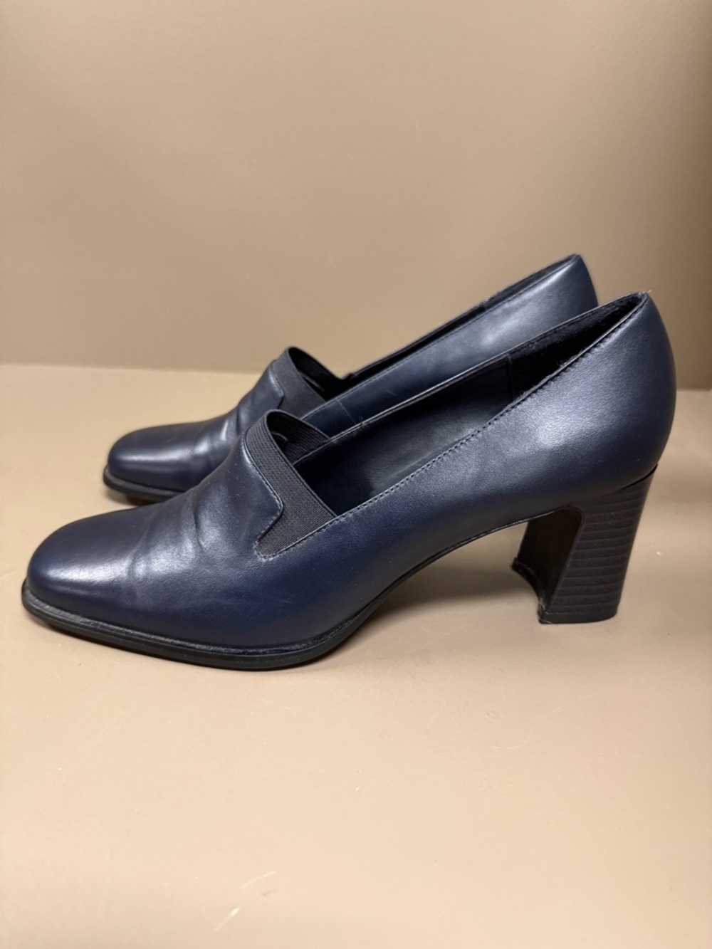 Mootsies Tootsies ‘Faulkner’ Navy Leather Block Heel Loafer Pump, So Elegant!